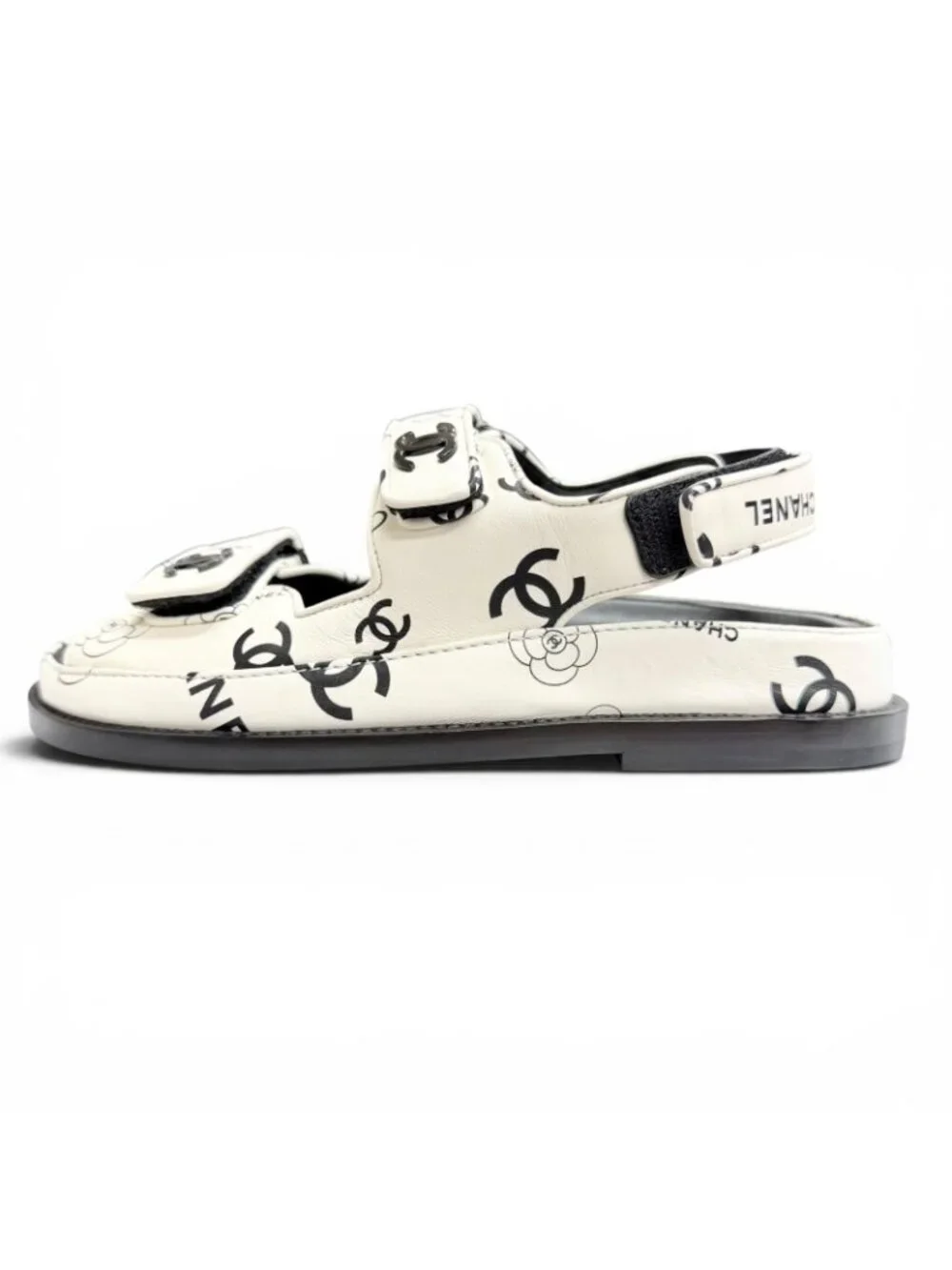 Chanel CC Logo Camellia Velcro Flat Leather Sandals White Black